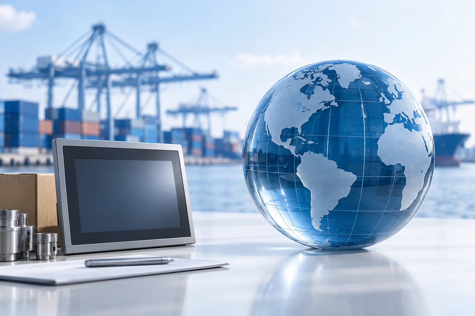 Blue globe and freight port representing international delivery