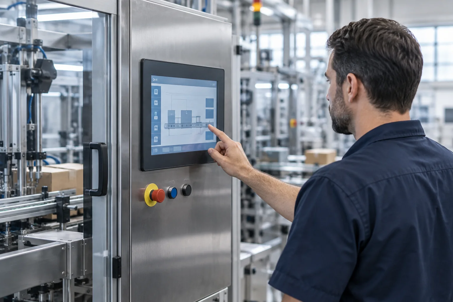 Operator using a touch panel on industrial equipment