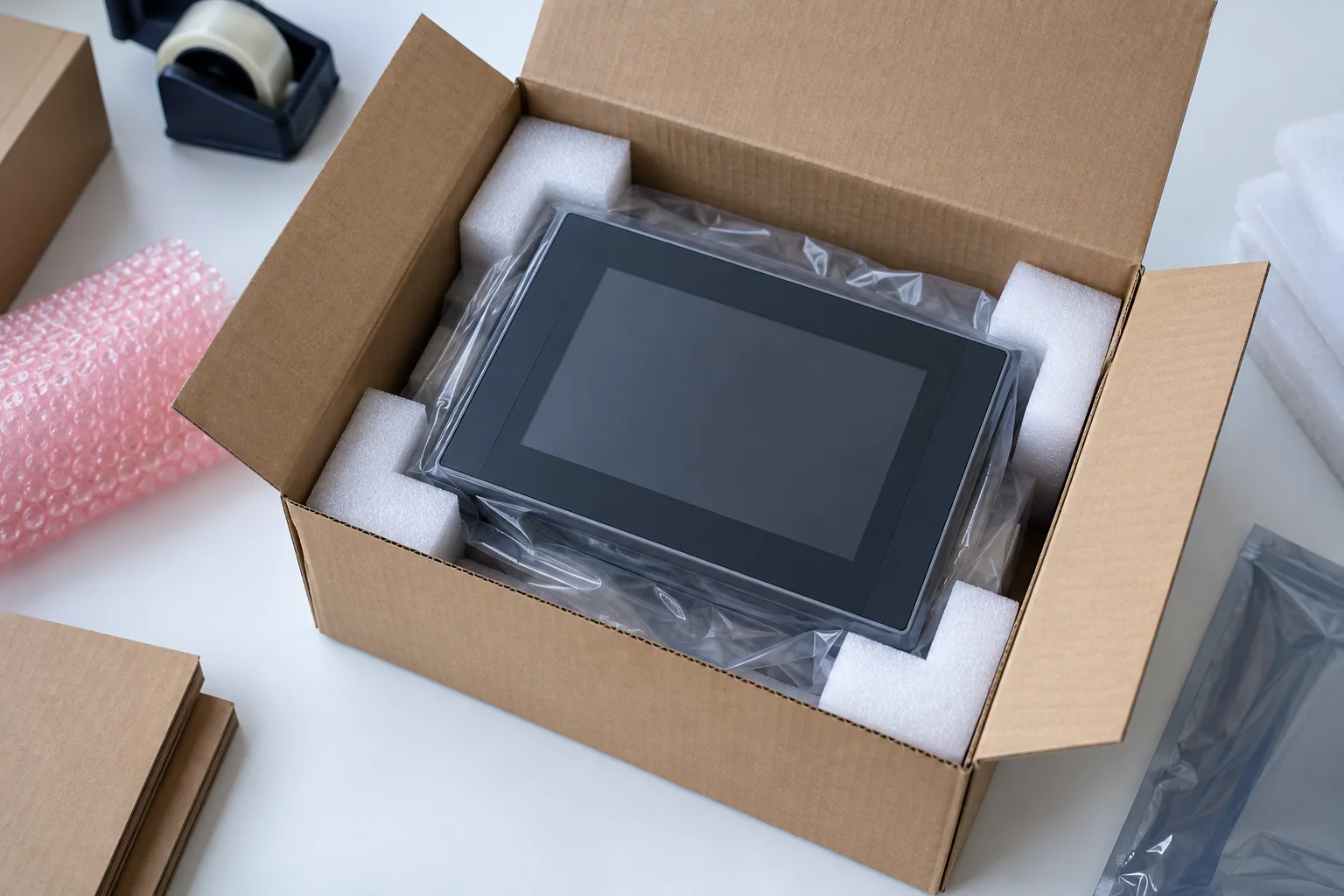 Touch panel protected with foam and an antistatic sleeve for packing