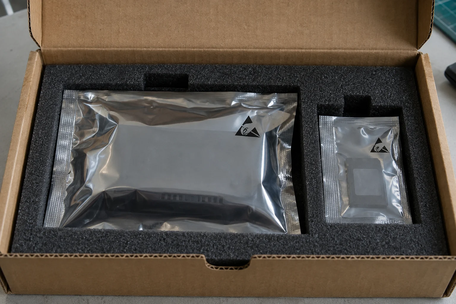 Protective packing example showing two sealed metallised static-shielding bags in separate foam compartments.